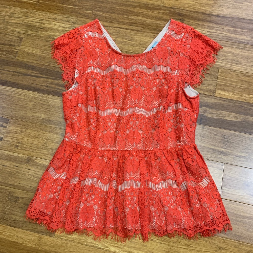Maeve Katrine Coral Lace Peplum Top Flutter Sleeve V Neck Back Zip Women's Small